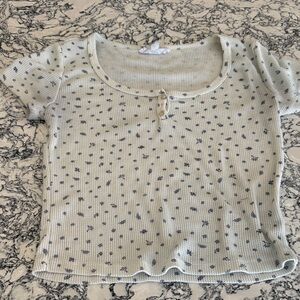 Girls' Light Sage Short Sleeve Ribbed Tee with Navy Dot Floral Print